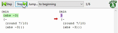 Evaluating one step at a time in DrRacket.